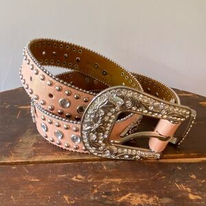 Nocona Western Pink Leather Belt: Horses, gems, silver embellishments. 25.5-30”